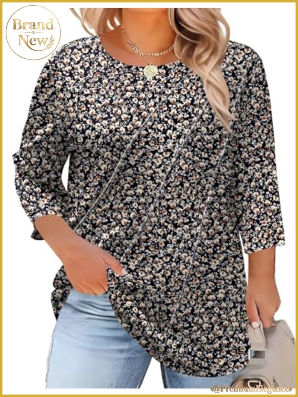 Plus Size 3/4 Sleeve Pleated Crewneck Blouse Stretch